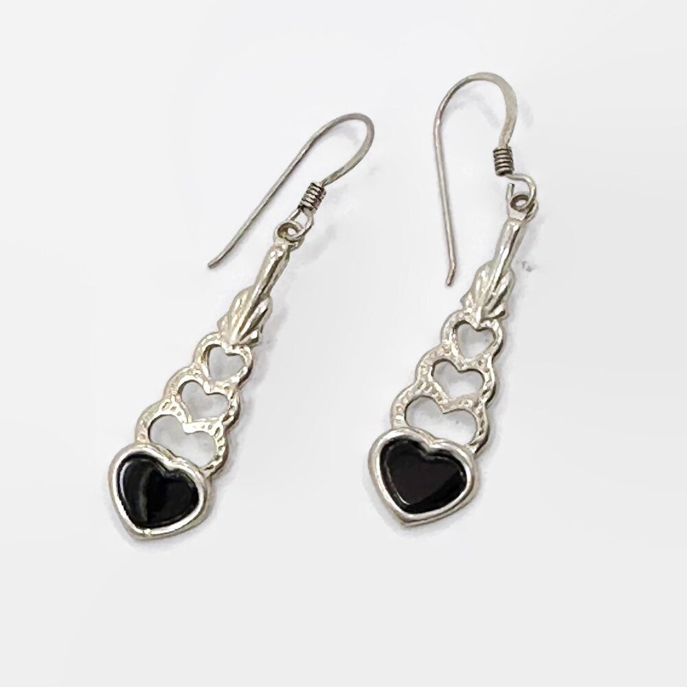 Garnet Earrings, Sterling Silver, Hearts, Vintage, Lightweight, Pierced, Dangle